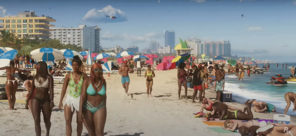 Imagem promocional de GTA 6 com cenário de personagens na praia